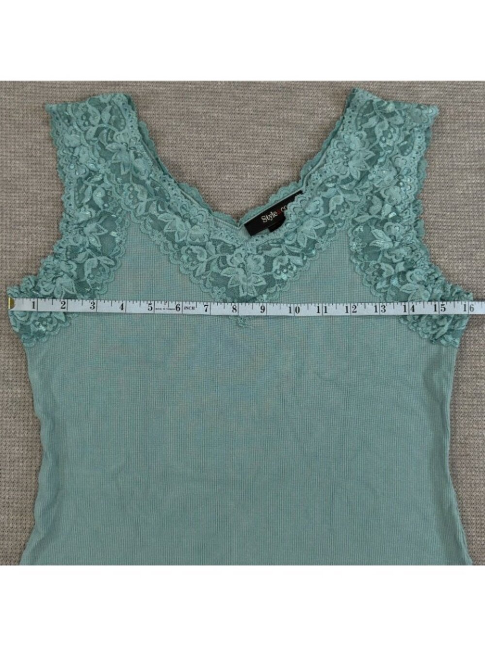 Style & Co Lace Trim Tank Top Womens Size M Teal V-Neck Stretch Rayon Layering - Picture 8 of 11